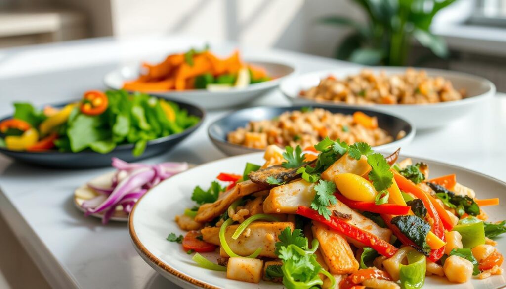 A visually appetizing spread of healthy Indonesian cuisine, featuring a vibrant array of fresh, locally-sourced ingredients. In the foreground, a beautifully plated dish showcases a medley of steamed vegetables, lean protein, and fragrant spices, expertly crafted by a skilled chef. The middle ground depicts an assortment of colorful, nutrient-dense side dishes, such as a zesty vegetable salad and a hearty grain-based entree. In the background, a minimalist, airy setting with natural lighting accentuates the clean, wholesome aesthetic. The overall mood is one of culinary sophistication and wellness, capturing the essence of a gourmet healthy dining experience.
