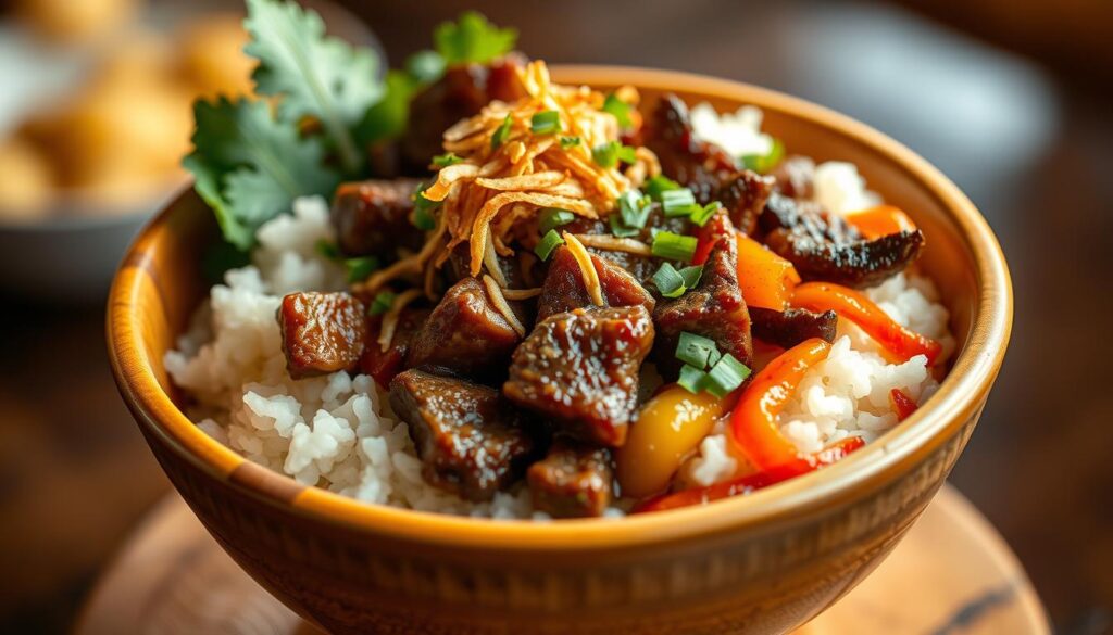 a close-up shot of a gourmet rice bowl dish, presented in a traditional Indonesian mangkok (bowl), with a focus on the delicate arrangement of ingredients. The bowl is filled with fragrant, fluffy white rice, topped with juicy, tender pieces of braised beef, colorful sautéed vegetables, and garnished with crispy fried shallots, fresh herbs, and a drizzle of flavorful sauce. The lighting is warm and slightly soft, creating a cozy, inviting atmosphere. The camera angle is slightly elevated, giving a clear view of the carefully crafted dish, showcasing the skills of renowned Indonesian celebrity chef Arnold Poernomo.