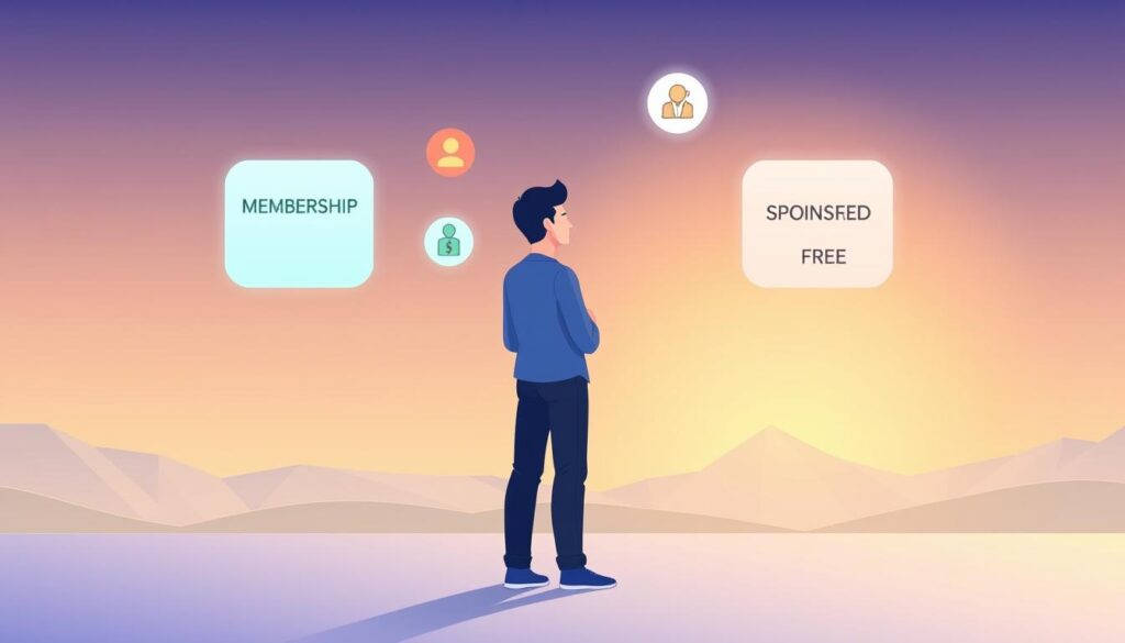 A modern, minimalist illustration depicting the various revenue streams of an online content creator. In the foreground, a stylized figure representing a content creator, standing amidst floating icons symbolizing membership, donations, and sponsored content. The middle ground features a clean, geometric layout with these icons arranged in an organized, visually appealing manner. The background is a subtle, gradient-based landscape, conveying a sense of digital space and opportunity. The overall tone is professional, polished, and aspirational, reflecting the potential of these monetization methods for an online content business.