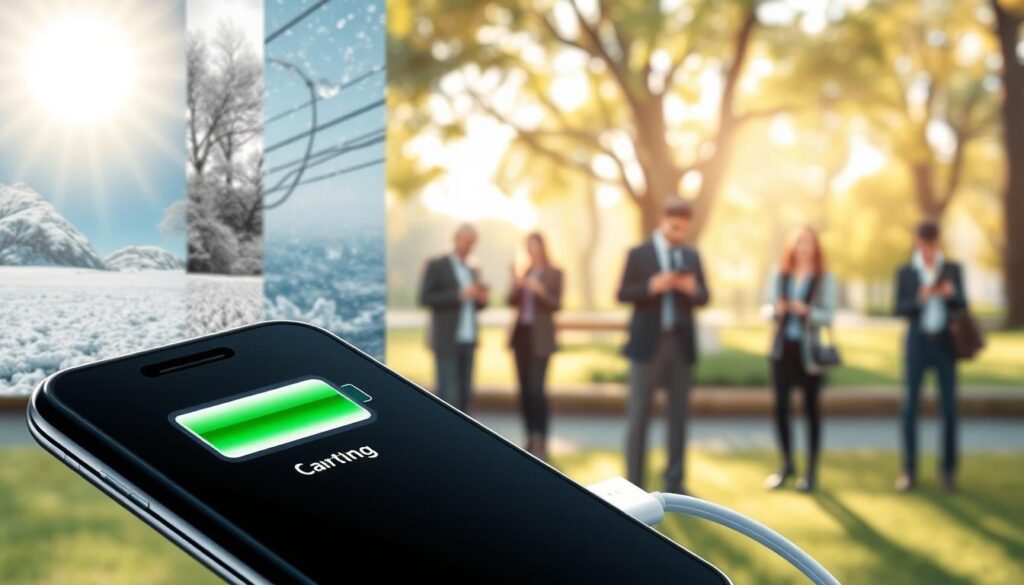 A detailed illustration focusing on external factors affecting iPhone battery life. In the foreground, a close-up of an iPhone displaying a battery icon with fluctuating charge levels, against a backdrop of multiple environmental elements like bright sunlight, a cold winter scene, and a charging cable; the effects of temperature, humidity, and sunlight are visually represented. The middle area shows a blurred image of a park with people using their phones, dressed in professional attire, emphasizing everyday usage scenarios. In the background, soft natural light filters through trees, creating an inviting atmosphere. The overall mood conveys awareness of battery preservation, emphasizing the influence of environmental conditions on technology. A harmonious blend of realism and illustrative style. A detailed illustration focusing on external factors affecting iPhone battery life. In the foreground, a close-up of an iPhone displaying a battery icon with fluctuating charge levels, against a backdrop of multiple environmental elements like bright sunlight, a cold winter scene, and a charging cable; the effects of temperature, humidity, and sunlight are visually represented. The middle area shows a blurred image of a park with people using their phones, dressed in professional attire, emphasizing everyday usage scenarios. In the background, soft natural light filters through trees, creating an inviting atmosphere. The overall mood conveys awareness of battery preservation, emphasizing the influence of environmental conditions on technology. A harmonious blend of realism and illustrative style.