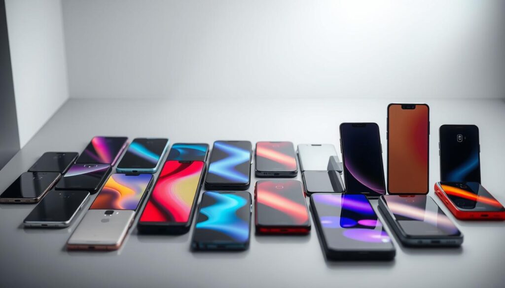 A detailed photograph showcasing a diverse range of smartphone models, from flagship to entry-level, neatly displayed on a sleek, modern surface. The smartphones are arranged in a visually appealing grid, with each device showcasing its distinctive design and color variations. Soft, directional lighting illuminates the scene, creating depth and highlighting the intricate textures and materials of the devices. The background is a minimalist, studio-like setting, allowing the smartphones to take center stage. The overall composition conveys a sense of quality, availability, and the wide spectrum of pricing options for Indonesian consumers.