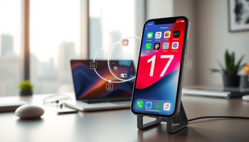 A modern workspace featuring a sleek Apple iPhone displaying the iOS 17 interface on its screen, showcasing vibrant icons and the new battery-saving features. The foreground includes an iPhone supported by a stylish stand, with an abstract digital representation of system updates and features swirling around it. In the middle ground, a laptop with a subtle glow reflects a professional environment, adorned with tech-related gadgets. The background consists of a softly blurred cityscape through a large window, hinting at innovation and connectivity. Soft, diffused lighting creates an inviting atmosphere while emphasizing the device's advanced technology. Capture a sense of excitement and modernity in this tech-forward image, aimed to inform viewers about the latest iOS update. A modern workspace featuring a sleek Apple iPhone displaying the iOS 17 interface on its screen, showcasing vibrant icons and the new battery-saving features. The foreground includes an iPhone supported by a stylish stand, with an abstract digital representation of system updates and features swirling around it. In the middle ground, a laptop with a subtle glow reflects a professional environment, adorned with tech-related gadgets. The background consists of a softly blurred cityscape through a large window, hinting at innovation and connectivity. Soft, diffused lighting creates an inviting atmosphere while emphasizing the device's advanced technology. Capture a sense of excitement and modernity in this tech-forward image, aimed to inform viewers about the latest iOS update.