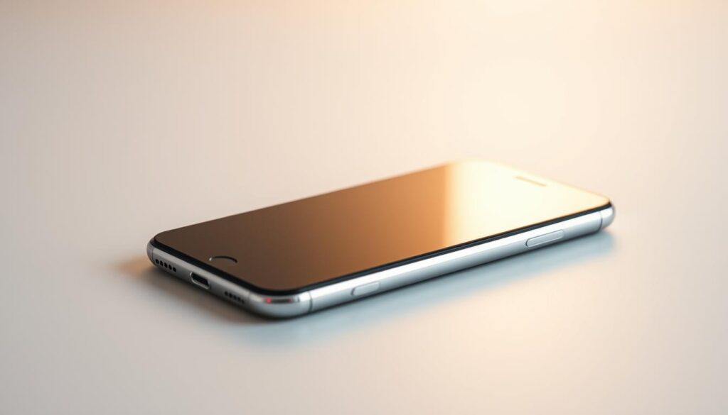 A sleek, minimalist smartphone with a pristine glass and metal design, its display illuminated by a soft, warm light. The phone rests on a clean, uncluttered surface, highlighted by a neutral, diffused background that emphasizes its streamlined form. The camera captures the device at a slightly high angle, emphasizing its thin profile and premium aesthetic. The overall mood is one of efficiency, simplicity, and understated elegance.