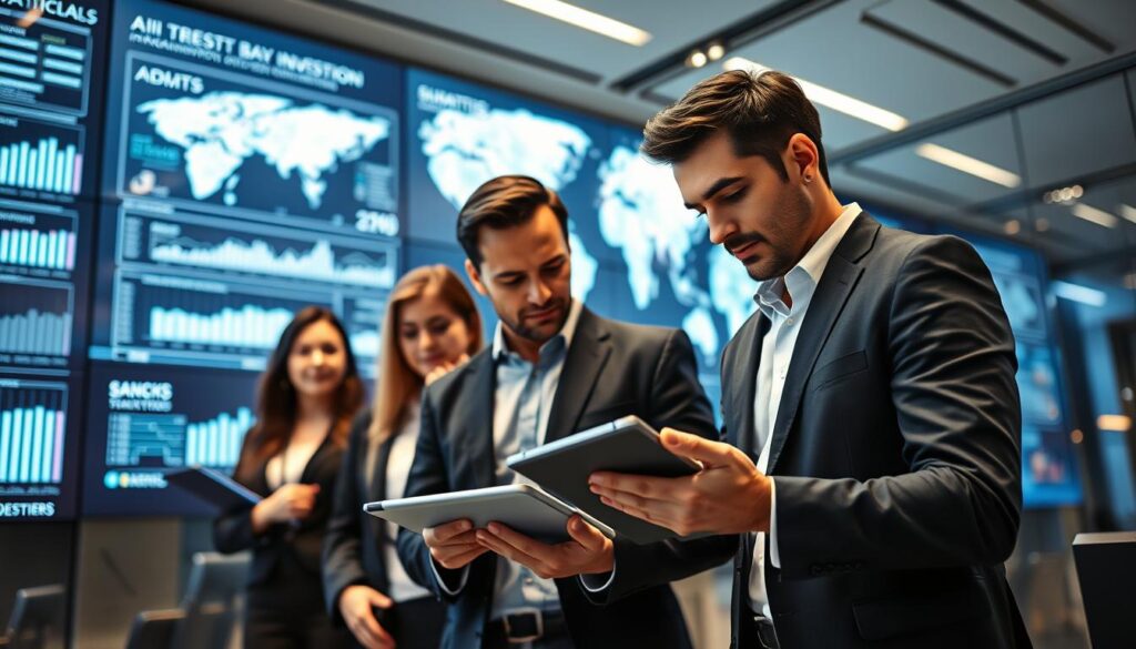 A sleek, modern office environment serves as the backdrop, filled with high-tech screens displaying data visualizations and graphs related to the latest technology investment statistics in the AI sector. In the foreground, focus on a diverse team of business professionals wearing smart casual attire, intently analyzing the data on a digital tablet. The lighting is bright and professional, enhancing the mood of concentration and innovation. The background features futuristic elements, such as holographic displays or digital maps, evocative of an advanced tech workspace. The image captures the urgency and dynamism of current investment trends, illustrating a bustling atmosphere indicative of the AI industry bubble. The camera angle is slightly tilted to emphasize depth, showcasing both the professionals and the cutting-edge technology around them. A sleek, modern office environment serves as the backdrop, filled with high-tech screens displaying data visualizations and graphs related to the latest technology investment statistics in the AI sector. In the foreground, focus on a diverse team of business professionals wearing smart casual attire, intently analyzing the data on a digital tablet. The lighting is bright and professional, enhancing the mood of concentration and innovation. The background features futuristic elements, such as holographic displays or digital maps, evocative of an advanced tech workspace. The image captures the urgency and dynamism of current investment trends, illustrating a bustling atmosphere indicative of the AI industry bubble. The camera angle is slightly tilted to emphasize depth, showcasing both the professionals and the cutting-edge technology around them.