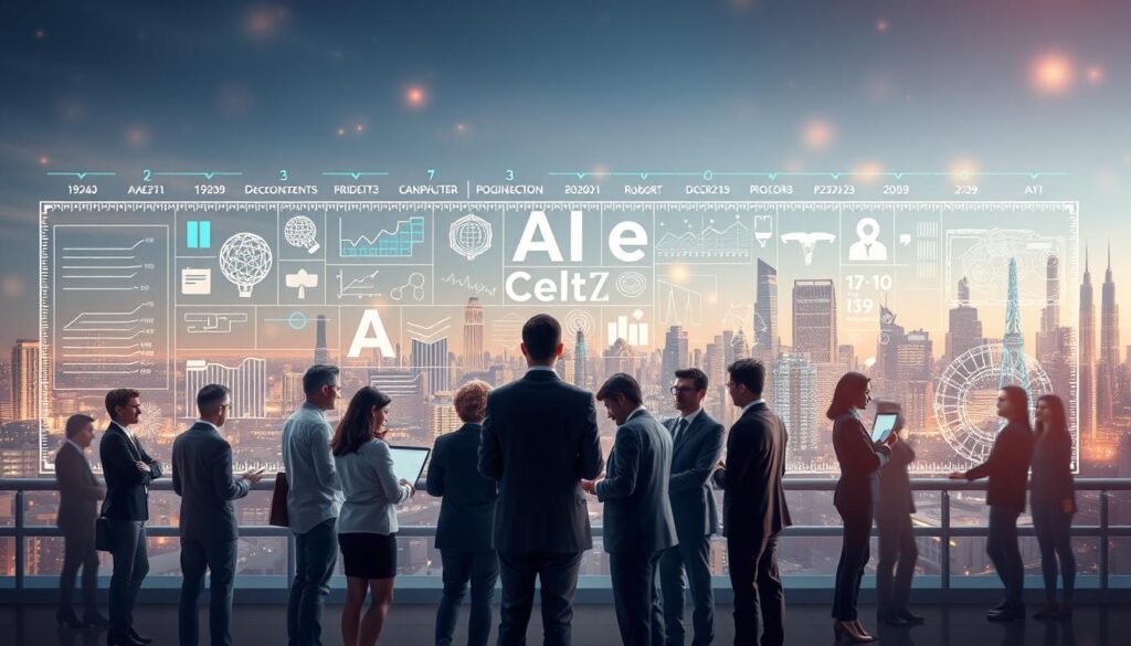 A visually compelling and informative illustration showcasing the evolution of artificial intelligence technology. In the foreground, depict a diverse group of professionals in business attire, collaborating around a digital interface displaying ancient AI concepts and modern AI innovations. In the middle ground, include iconic representations of various technology milestones, like early computers, neural networks, and robot prototypes, arranged chronologically. The background should blend a futuristic city skyline with soft, ambient lighting to suggest advancement and innovation. Use a wide-angle lens perspective to create depth and focus, highlighting the collaborative spirit of the AI evolution. Capture a dynamic atmosphere, filled with curiosity and exploration, as the professionals exchange ideas and insights amidst glowing data streams and holographic displays. A visually compelling and informative illustration showcasing the evolution of artificial intelligence technology. In the foreground, depict a diverse group of professionals in business attire, collaborating around a digital interface displaying ancient AI concepts and modern AI innovations. In the middle ground, include iconic representations of various technology milestones, like early computers, neural networks, and robot prototypes, arranged chronologically. The background should blend a futuristic city skyline with soft, ambient lighting to suggest advancement and innovation. Use a wide-angle lens perspective to create depth and focus, highlighting the collaborative spirit of the AI evolution. Capture a dynamic atmosphere, filled with curiosity and exploration, as the professionals exchange ideas and insights amidst glowing data streams and holographic displays.