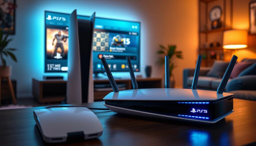 A detailed illustration of a modern gaming system setup, focused on the configuration that supports background downloads. In the foreground, a sleek PlayStation 5 console is prominently displayed, illuminated with soft blue LED lights. Next to it, a high-speed internet router with multiple blinking lights indicates connectivity. In the middle ground, a stylish TV screen shows the PS5 interface with a game downloading in progress. The background features a cozy gaming room, with dimmed lighting casting a warm atmosphere, showcasing gaming accessories and comfortable seating. The image is captured from a slightly elevated angle, emphasizing the console and its connection to a vibrant digital environment, evoking a sense of advanced technology and efficiency.