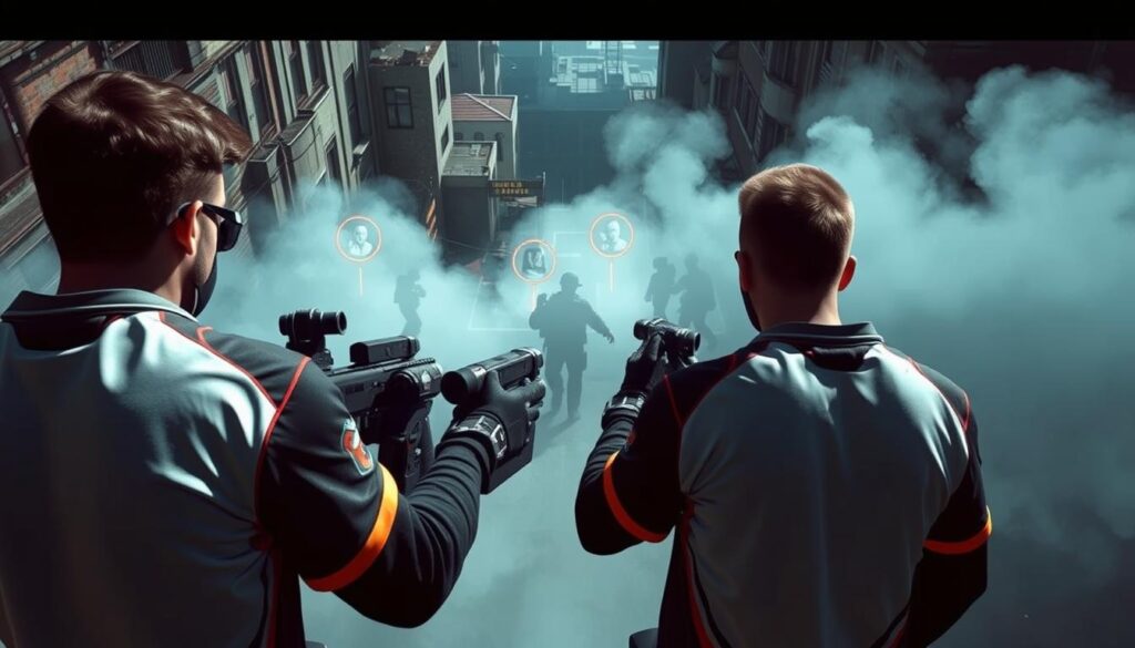 A dynamic scene capturing a tactical "smoke lineup" execution in an urban setting from the perspective of players in a competitive environment. In the foreground, a group of two players, donned in professional esports jerseys, prepares to deploy smoke grenades, showcasing their intense focus. The middle ground displays a meticulously designed map layout, highlighting key bombsite locations obscured by thick clouds of smoke. The background reveals a digitally rendered cityscape with hints of buildings and alleyways shrouded in fog, adding depth. The lighting is sharp yet dramatic, casting shadows that enhance the players’ serious expressions, emphasizing the strategic atmosphere. The image should evoke a sense of urgency and teamwork, immersing viewers in the high-stakes world of competitive gaming. A dynamic scene capturing a tactical "smoke lineup" execution in an urban setting from the perspective of players in a competitive environment. In the foreground, a group of two players, donned in professional esports jerseys, prepares to deploy smoke grenades, showcasing their intense focus. The middle ground displays a meticulously designed map layout, highlighting key bombsite locations obscured by thick clouds of smoke. The background reveals a digitally rendered cityscape with hints of buildings and alleyways shrouded in fog, adding depth. The lighting is sharp yet dramatic, casting shadows that enhance the players’ serious expressions, emphasizing the strategic atmosphere. The image should evoke a sense of urgency and teamwork, immersing viewers in the high-stakes world of competitive gaming.