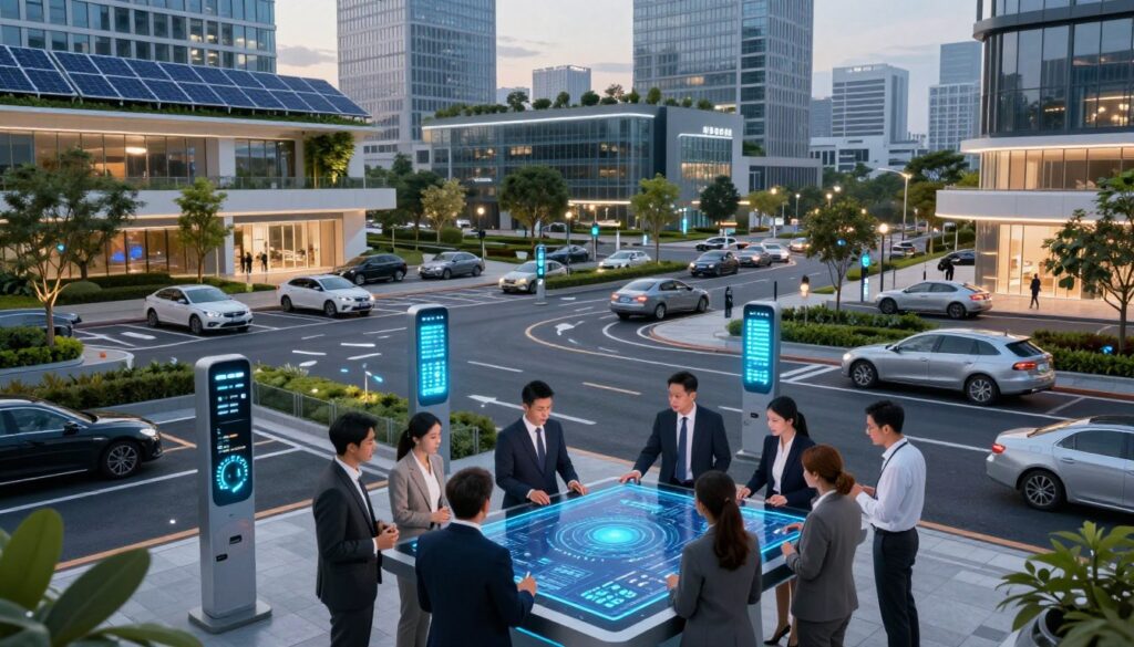A futuristic cityscape representing a digital transformation within a local government. In the foreground, a diverse group of professionals in business attire collaborate around a touchscreen display showing real-time data and AI analytics. The middle ground features modern smart parking systems with vehicles navigating seamlessly, embedded with advanced sensors and bright LED indicators. In the background, high-tech buildings adorned with solar panels and green spaces exemplifying sustainability and integration of technology. The scene is illuminated by soft, ambient lighting at dusk, creating a dynamic and engaging atmosphere. The perspective is slightly elevated, giving a panoramic view of the urban landscape, highlighting the harmonious blend of nature and technology.