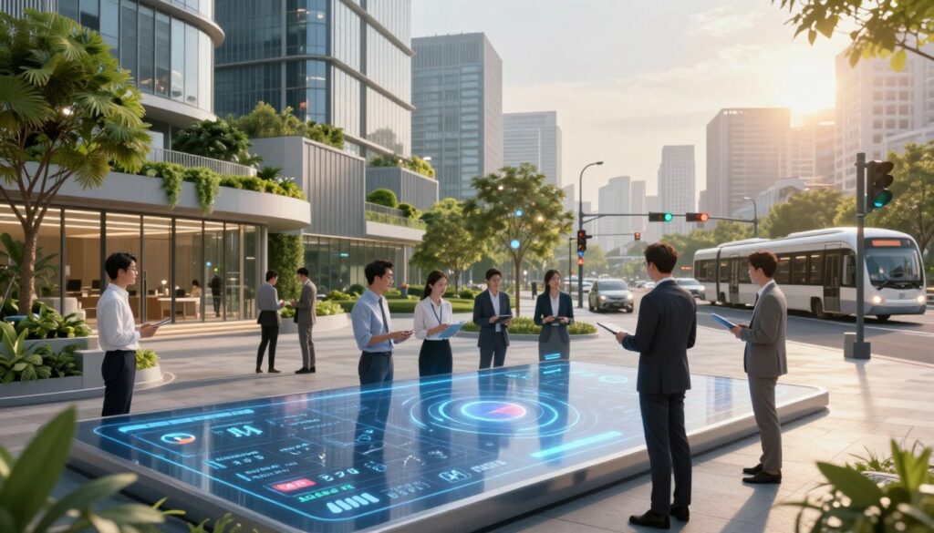 A futuristic digital collaboration platform set in a smart city environment. In the foreground, a sleek, transparent touchscreen interface displays real-time data on parking availability, integrated with sophisticated AI algorithms. Professionals in smart business attire interact with the interface, analyzing metrics and discussing insights. In the middle ground, modern office buildings with green architecture and lush greenery surround the platform, showcasing an eco-friendly urban space. The background features a skyline with advanced public transport systems and smart traffic lights. Gentle, ambient lighting creates a warm atmosphere, while a slight lens flare adds a contemporary feel, suggesting innovation and efficiency in urban management. The overall mood is collaborative and forward-thinking, reflecting advanced technology enhancing urban life.