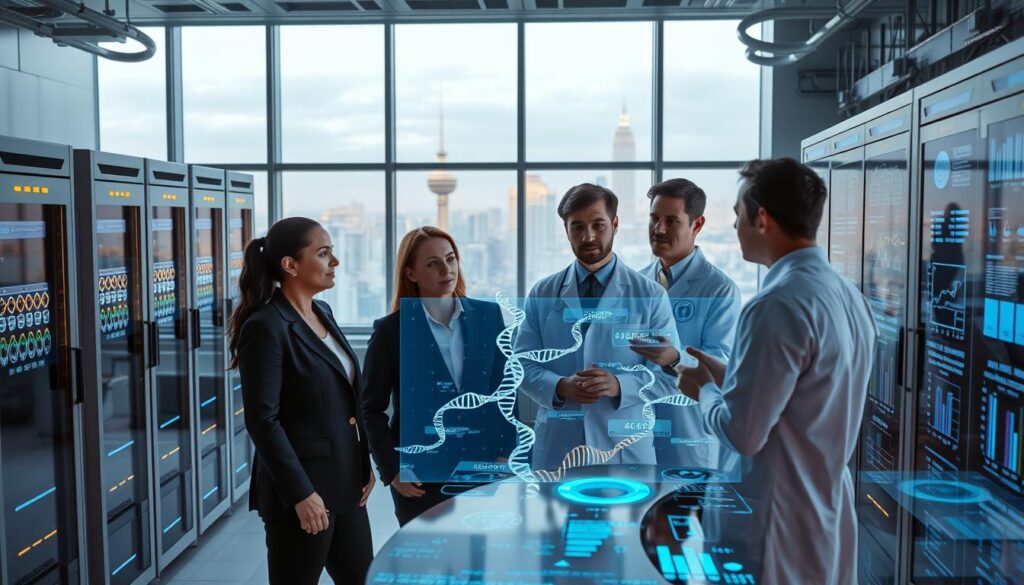 A high-tech laboratory setting focused on large-scale genomic data analysis. In the foreground, a diverse team of scientists in professional business attire is engaged in discussion over a holographic display showing complex genetic sequences and data visualizations. The middle ground features advanced supercomputers with blinking lights and screens filled with interactive genomic charts. In the background, a large window overlooks a futuristic cityscape, symbolizing progress in healthcare. The atmosphere conveys innovation and cooperation, with soft, dramatic lighting highlighting the technicians' concentration and the intricate details of the technology. The scene captures the essence of cutting-edge research transforming health outcomes. A high-tech laboratory setting focused on large-scale genomic data analysis. In the foreground, a diverse team of scientists in professional business attire is engaged in discussion over a holographic display showing complex genetic sequences and data visualizations. The middle ground features advanced supercomputers with blinking lights and screens filled with interactive genomic charts. In the background, a large window overlooks a futuristic cityscape, symbolizing progress in healthcare. The atmosphere conveys innovation and cooperation, with soft, dramatic lighting highlighting the technicians' concentration and the intricate details of the technology. The scene captures the essence of cutting-edge research transforming health outcomes.