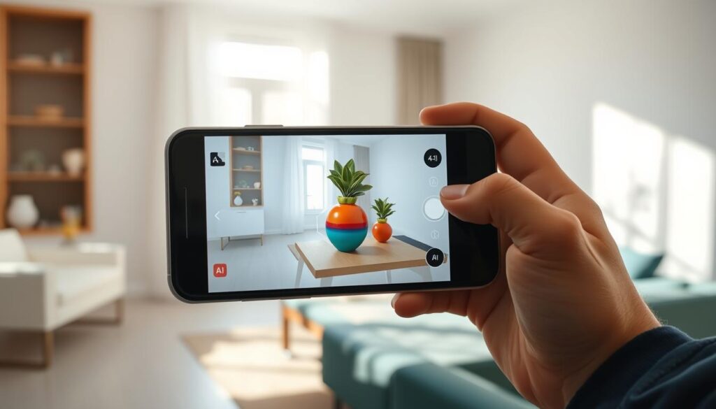 A modern smartphone in the foreground with its camera aimed at a vibrant, colorful object, such as a decorative vase or a unique plant. The smartphone's screen displays a clear image of the object, indicating its identified features with subtle AI elements swirling around it, showing that it’s processing information. The middle ground features a bright, well-lit room with soft natural light filtering through a window, casting gentle shadows. The background may include minimalist furniture to create a contemporary atmosphere. The overall mood is engaging and innovative, suggesting a seamless blend of technology and everyday life. Ensure the scene is vibrant and dynamic, reflecting the excitement of using AI for object identification. A modern smartphone in the foreground with its camera aimed at a vibrant, colorful object, such as a decorative vase or a unique plant. The smartphone's screen displays a clear image of the object, indicating its identified features with subtle AI elements swirling around it, showing that it’s processing information. The middle ground features a bright, well-lit room with soft natural light filtering through a window, casting gentle shadows. The background may include minimalist furniture to create a contemporary atmosphere. The overall mood is engaging and innovative, suggesting a seamless blend of technology and everyday life. Ensure the scene is vibrant and dynamic, reflecting the excitement of using AI for object identification.