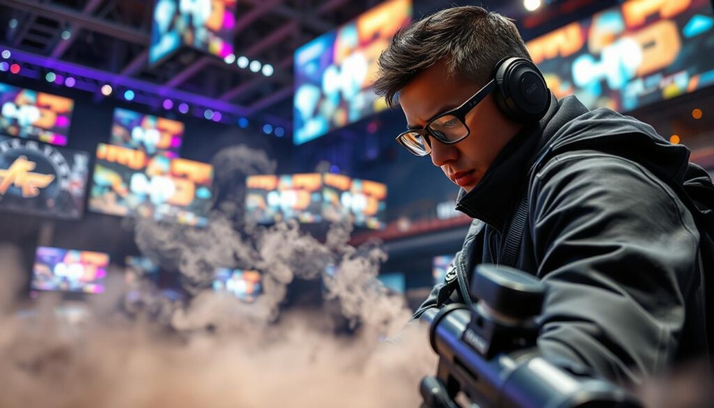 A professional esports player focusing intently while demonstrating smoke grenade techniques in a competitive Counter-Strike 2 (CS2) environment. In the foreground, the player, dressed in sleek professional gaming attire, is crouched behind cover, studying a game map with smoke paths highlighted. The middle layer showcases an artistic blur of in-game graphics featuring maps and smoke cloud animations, illustrating strategic smoke placements. The background presents a stylized digital arena bustling with vibrant lighting from screens that reflect the intensity of a live tournament. The overall atmosphere is dynamic and immersive, with a focus on precision and skill, highlighting the transition from pro to casual gameplay. The lighting is bright yet soft, emphasizing the player’s concentration and the tactical elements around them. A professional esports player focusing intently while demonstrating smoke grenade techniques in a competitive Counter-Strike 2 (CS2) environment. In the foreground, the player, dressed in sleek professional gaming attire, is crouched behind cover, studying a game map with smoke paths highlighted. The middle layer showcases an artistic blur of in-game graphics featuring maps and smoke cloud animations, illustrating strategic smoke placements. The background presents a stylized digital arena bustling with vibrant lighting from screens that reflect the intensity of a live tournament. The overall atmosphere is dynamic and immersive, with a focus on precision and skill, highlighting the transition from pro to casual gameplay. The lighting is bright yet soft, emphasizing the player’s concentration and the tactical elements around them.