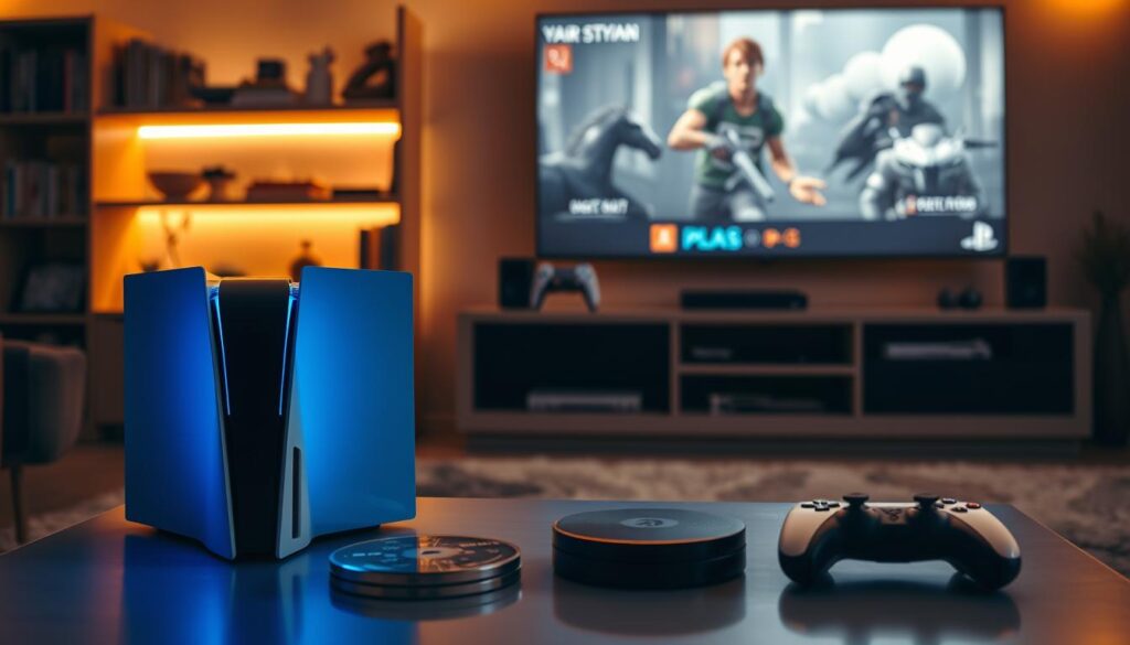 A sleek PlayStation 5 console in rest mode, glowing softly with an ambient blue LED light, set against a cozy gaming room backdrop. In the foreground, a modern coffee table with a few game discs and a controller resting nearby, illuminated by warm overhead lighting. The middle ground features a stylish entertainment unit with shelves lined with game collectibles and a partially opened game case displaying artwork, suggesting a gaming atmosphere. In the background, a large flat-screen TV shows a faint, blurred image of a game being downloaded, creating a sense of action without distraction. The mood is warm and inviting, capturing the essence of relaxation and anticipation during gaming downtime. The overall composition conveys the duality of myth and reality regarding PS5 rest mode capabilities.