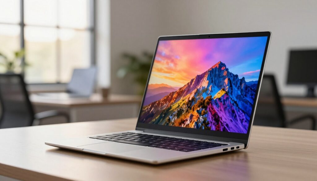 A sleek Samsung Galaxy Book4 laptop is showcased prominently in the foreground, its vibrant display glowing with vivid colors, demonstrating high-quality resolution and clarity. The screen features a lively image of a high-definition landscape, accentuating the visual experience that one can expect. In the middle background, a softly blurred office setting is depicted, with warm natural lighting filtering through a window, creating an inviting atmosphere. The surfaces display reflections from the laptop, reinforcing the focus on the device's impressive display. The entire scene is captured with a shallow depth of field, emphasizing the laptop while maintaining context with an atmosphere of professional productivity. The mood is sophisticated yet approachable, ideal for illustrating the strengths and weaknesses of the Galaxy Book4's screen. A sleek Samsung Galaxy Book4 laptop is showcased prominently in the foreground, its vibrant display glowing with vivid colors, demonstrating high-quality resolution and clarity. The screen features a lively image of a high-definition landscape, accentuating the visual experience that one can expect. In the middle background, a softly blurred office setting is depicted, with warm natural lighting filtering through a window, creating an inviting atmosphere. The surfaces display reflections from the laptop, reinforcing the focus on the device's impressive display. The entire scene is captured with a shallow depth of field, emphasizing the laptop while maintaining context with an atmosphere of professional productivity. The mood is sophisticated yet approachable, ideal for illustrating the strengths and weaknesses of the Galaxy Book4's screen.