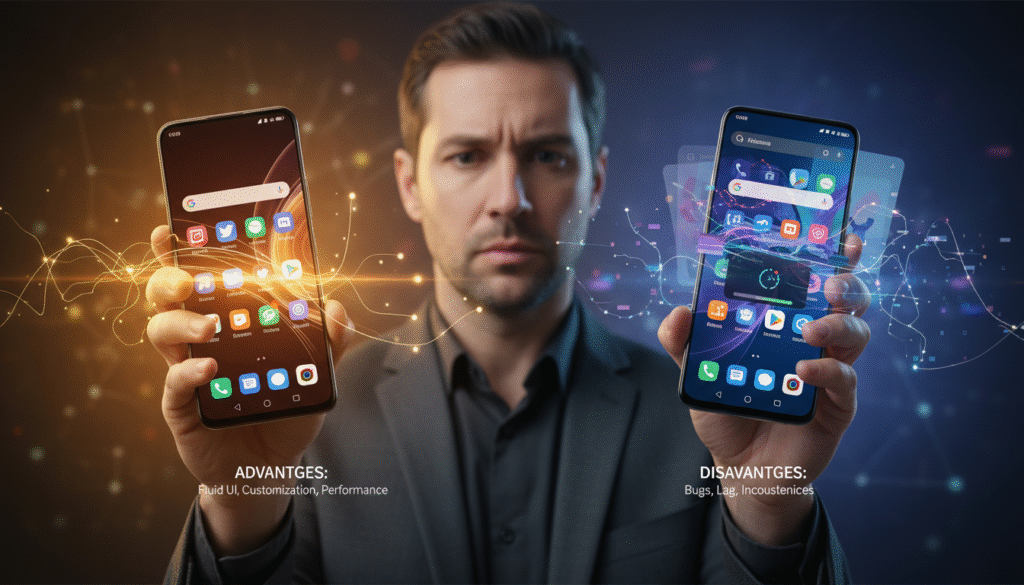 A split-image composition showcasing the strengths and weaknesses of HyperOS on Xiaomi devices. On the left, illustrate the advantages with a sleek Xiaomi phone displaying a vibrant, user-friendly interface, featuring various app icons and smooth animations. The background glows warmly, suggesting a positive user experience. On the right, depict the drawbacks with the same phone showing a glitchy interface with overlapping app icons and slow response times, under dim, cooler lighting for contrast. Include a person in professional business attire in the foreground, looking thoughtfully at the device, reflecting on their experience. Use a medium depth of field, focusing sharply on the phone with a blurred background to enhance visual clarity and maintain a modern, tech-savvy atmosphere. A split-image composition showcasing the strengths and weaknesses of HyperOS on Xiaomi devices. On the left, illustrate the advantages with a sleek Xiaomi phone displaying a vibrant, user-friendly interface, featuring various app icons and smooth animations. The background glows warmly, suggesting a positive user experience. On the right, depict the drawbacks with the same phone showing a glitchy interface with overlapping app icons and slow response times, under dim, cooler lighting for contrast. Include a person in professional business attire in the foreground, looking thoughtfully at the device, reflecting on their experience. Use a medium depth of field, focusing sharply on the phone with a blurred background to enhance visual clarity and maintain a modern, tech-savvy atmosphere.